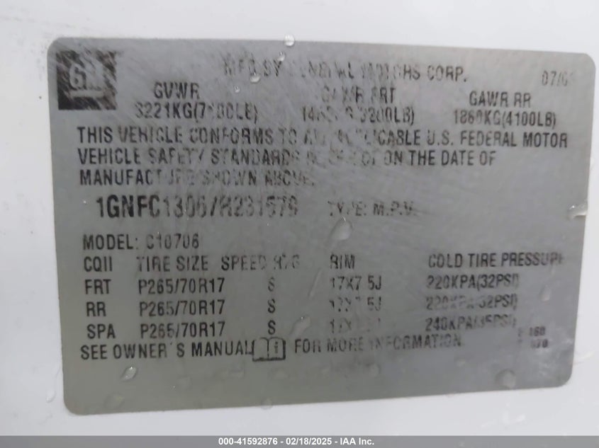 2007 Chevrolet Tahoe Ls VIN: 1GNFC13067R231579 Lot: 41592876