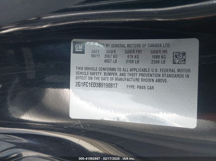 2011 Chevrolet Camaro 2Lt VIN: 2G1FC1ED3B9190817 Lot: 41592887