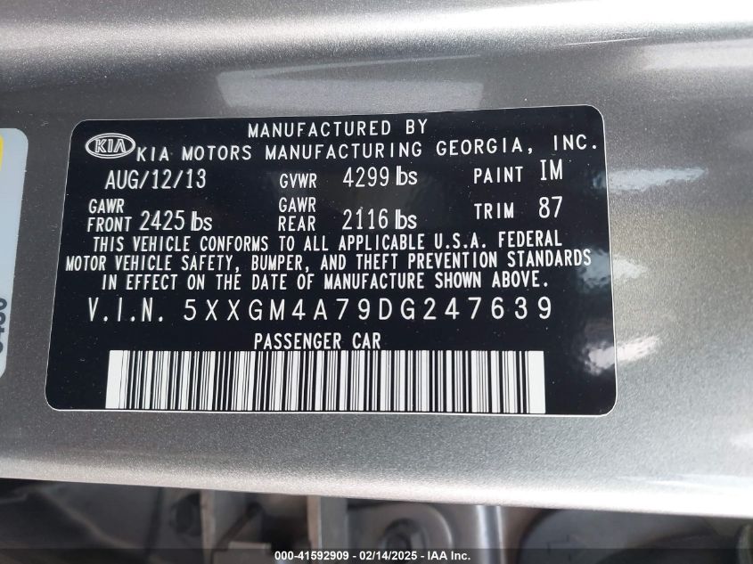 2013 Kia Optima Lx VIN: 5XXGM4A79DG247639 Lot: 41592909