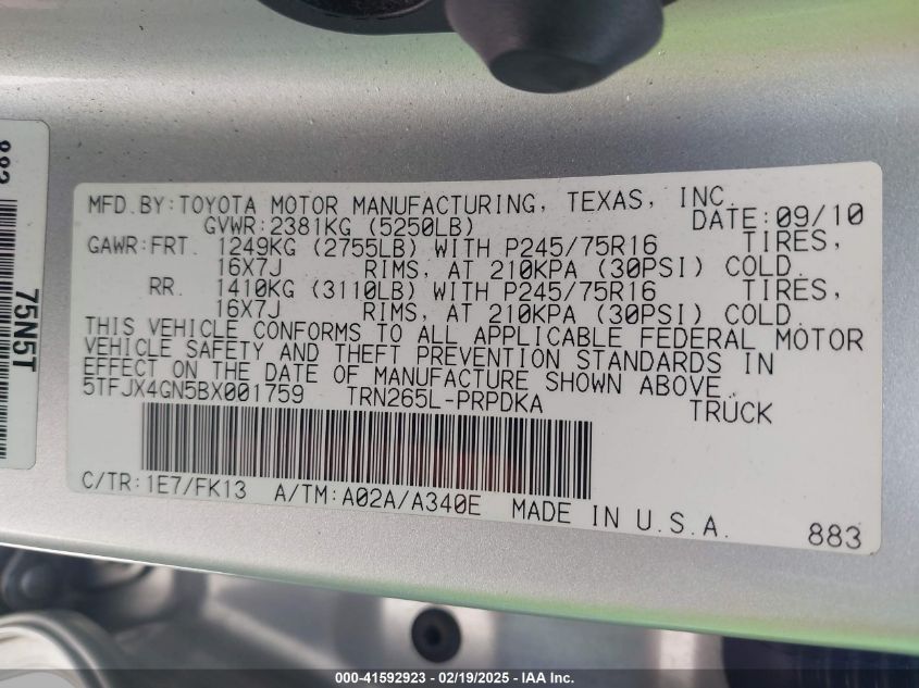 2011 Toyota Tacoma Double Cab VIN: 5TFJX4GN5BX001759 Lot: 41592923