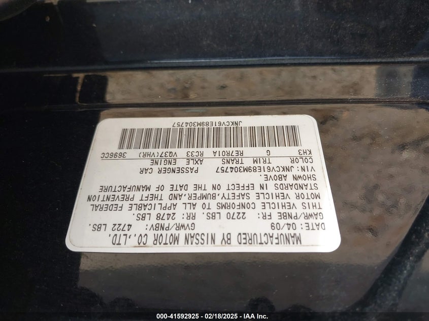 2009 INFINITI G37 VIN: JNKCV61E89M304757