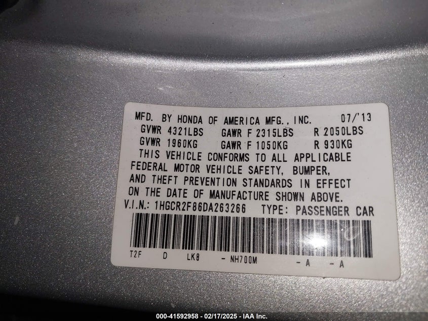 2013 HONDA ACCORD VIN: 1HGCR2F86DA263266