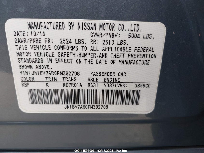 2015 INFINITI Q50 VIN: JN1BV7AR0FM392708