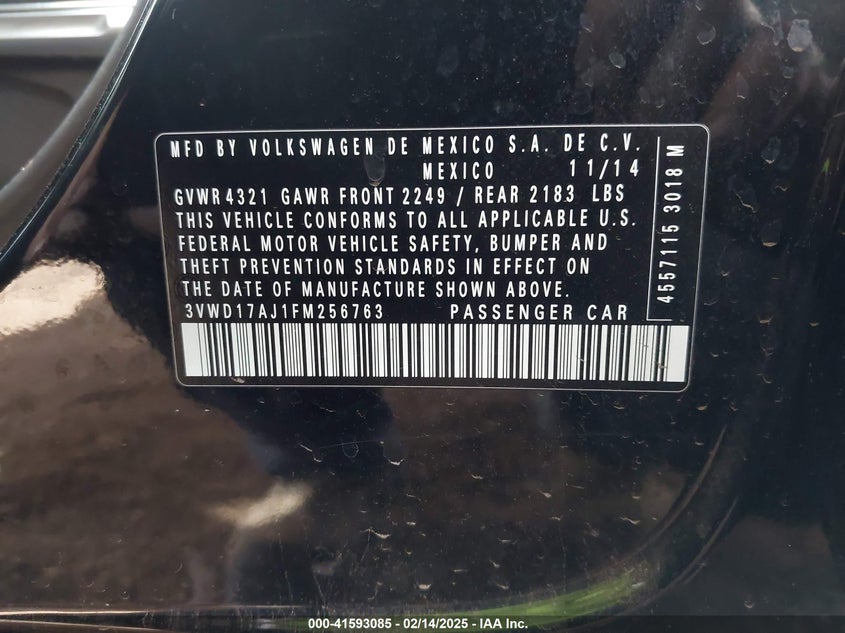2015 VOLKSWAGEN JETTA VIN: 3VWD17AJ1FM256763