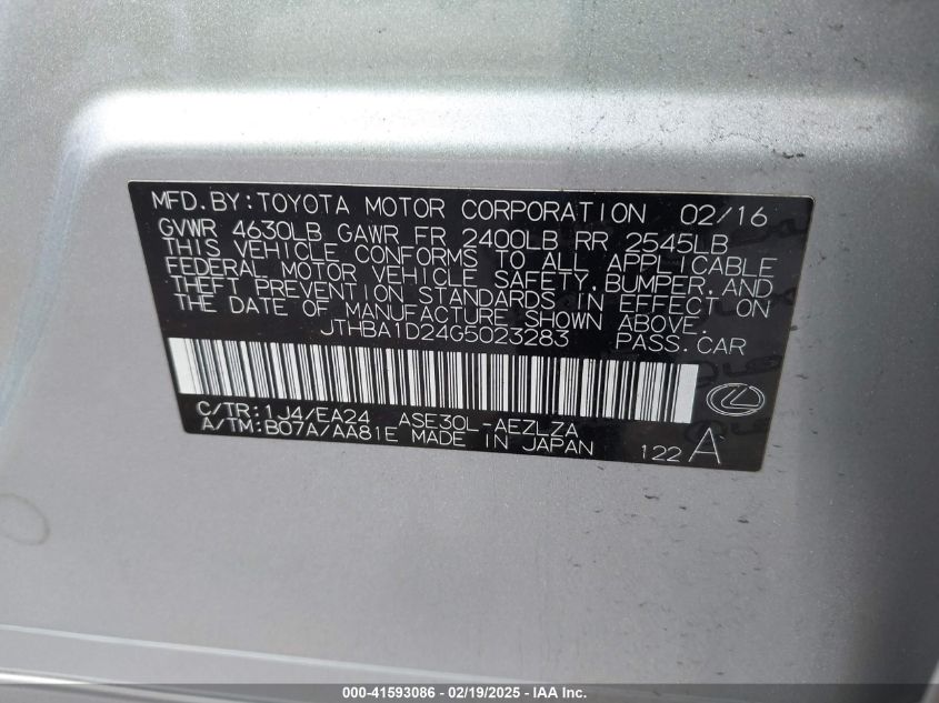 2016 Lexus Is 200T VIN: JTHBA1D24G5023283 Lot: 41593086