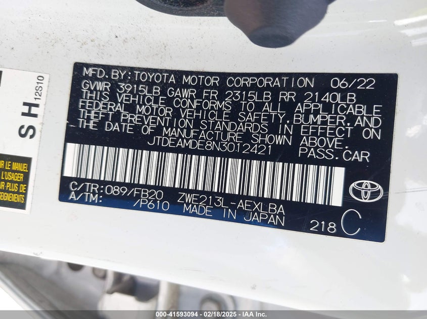 2022 TOYOTA COROLLA VIN: JTDEAMDE8N3012421