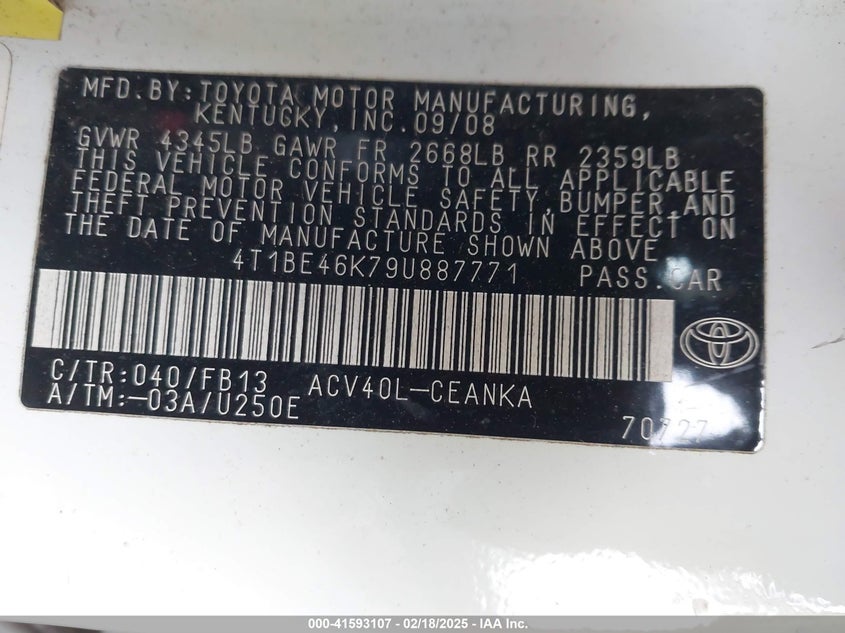 2009 TOYOTA CAMRY VIN: 4T1BE46K79U887771
