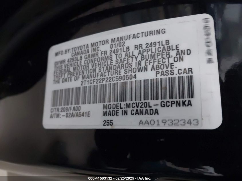 2002 Toyota Camry Solara Se V6 VIN: 2T1CF22P22C590504 Lot: 41593132