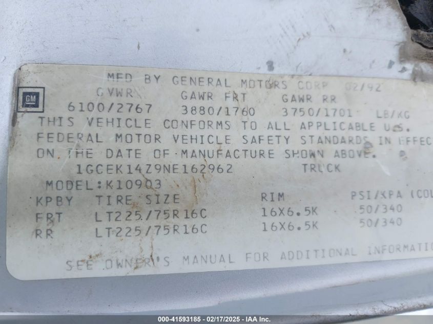 1992 Chevrolet Gmt-400 K1500 VIN: 1GCEK14Z9NE162962 Lot: 41593185
