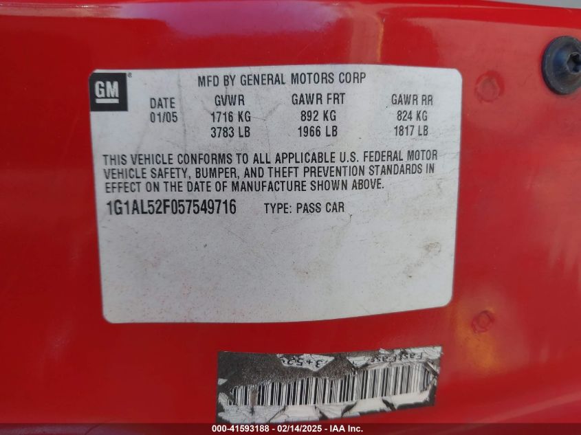 2005 Chevrolet Cobalt Ls VIN: 1G1AL52F057549716 Lot: 41593188