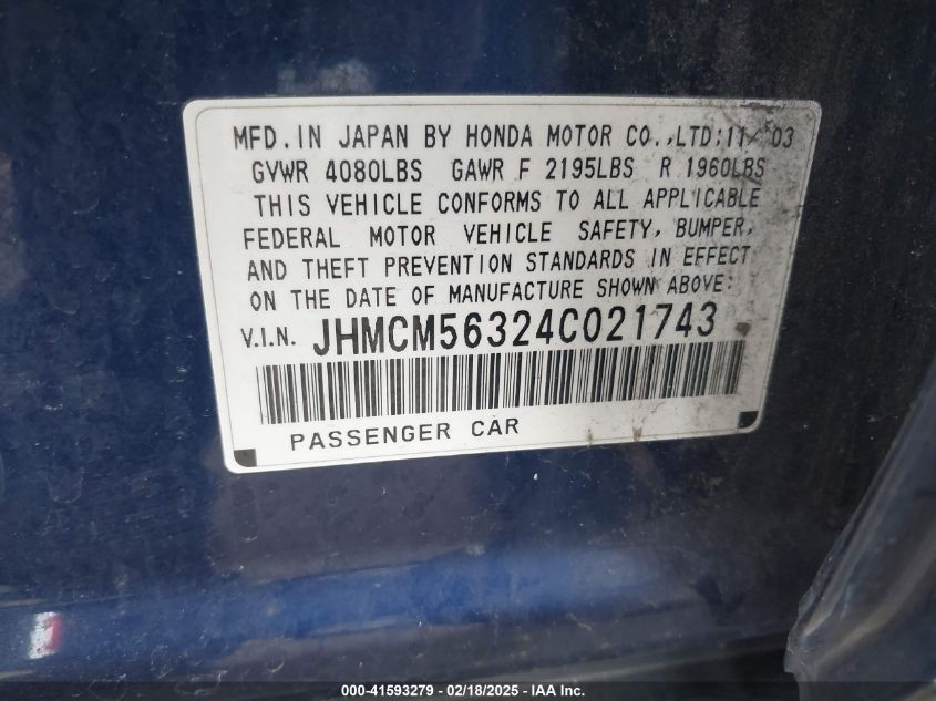 2004 Honda Accord 2.4 Lx VIN: JHMCM56324C021743 Lot: 41593279