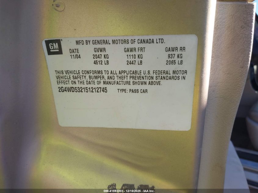 2005 Buick Lacrosse Cxl VIN: 2G4WD532151212745 Lot: 41593303