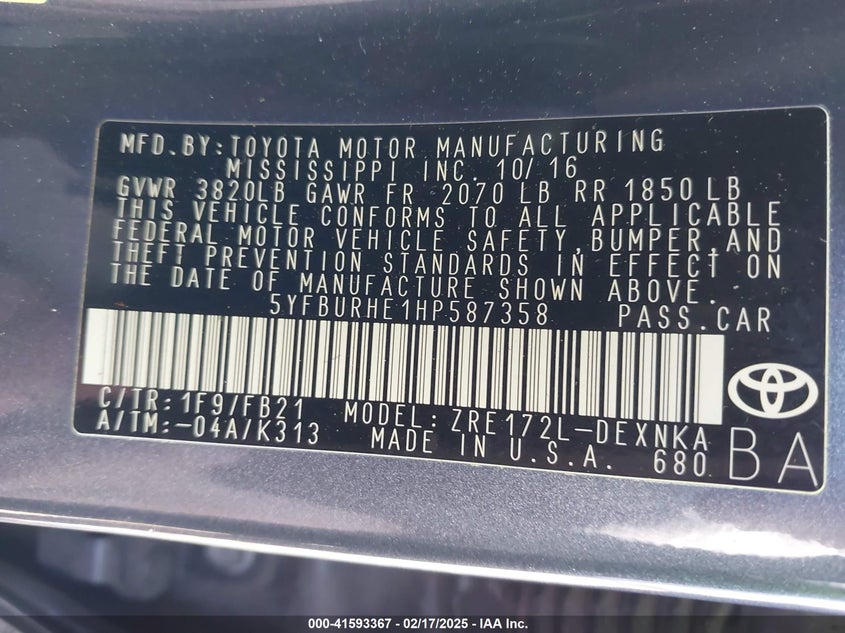 2017 TOYOTA COROLLA VIN: 5YFBURHE1HP587358