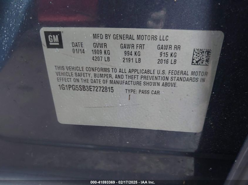 2014 Chevrolet Cruze Ltz VIN: 1G1PG5SB3E7272815 Lot: 41593369