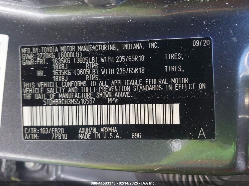 2021 Toyota Highlander Hybrid Xle VIN: 5TDHBRCH3MS51656 Lot: 41593373