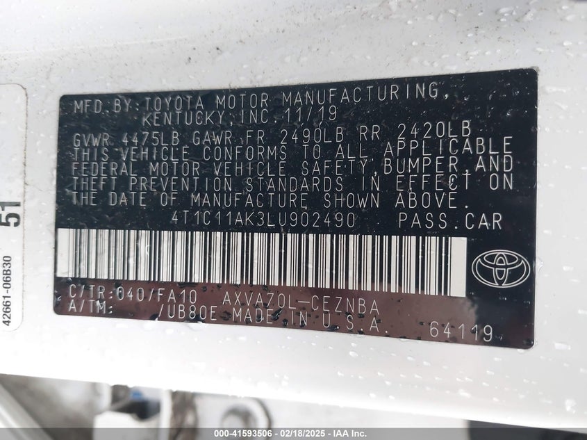 2020 TOYOTA CAMRY VIN: 4T1C11AK3LU902490