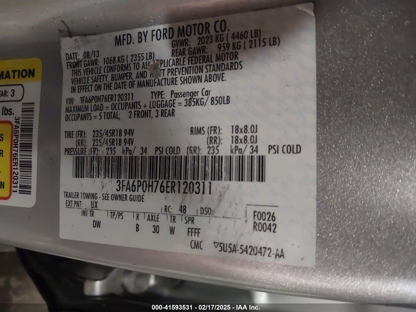 2014 FORD FUSION VIN: 3FA6P0H76ER120311