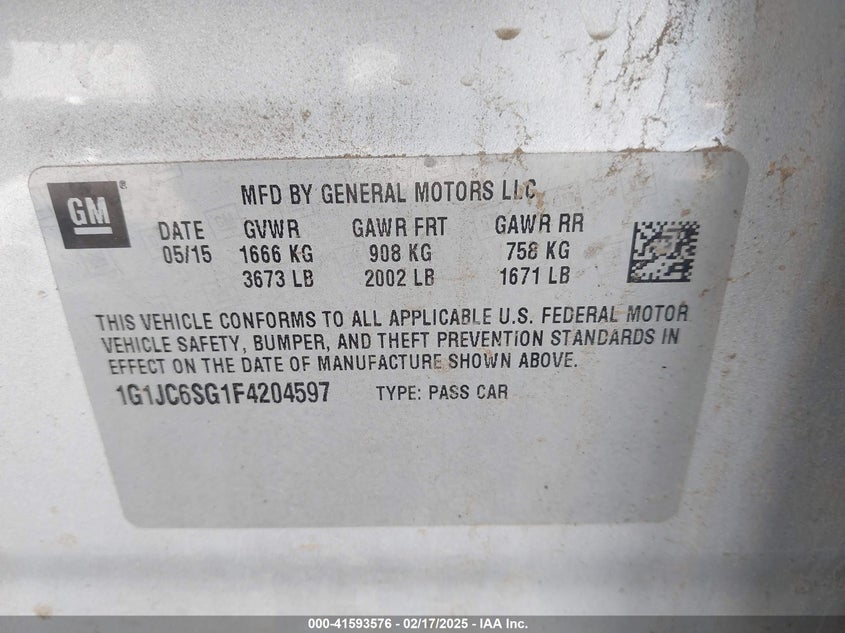 2015 CHEVROLET SONIC VIN: 1G1JC6SG1F4204597