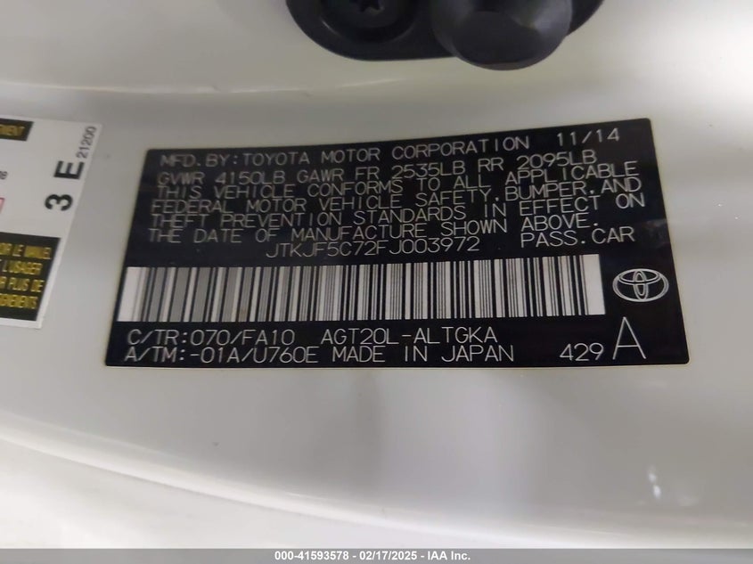 2015 SCION TC VIN: JTKJF5C72FJ003972