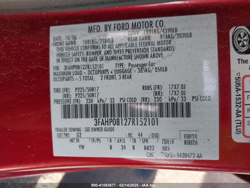 2007 FORD FUSION VIN: 3FAHP08127R152101