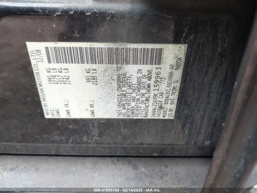 2009 NISSAN ALTIMA VIN: 1N4AL21E49C159963
