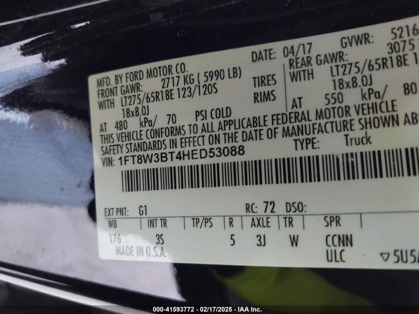 2017 Ford F-350 Xlt VIN: 1FT8W3BT4HED53088 Lot: 41593772