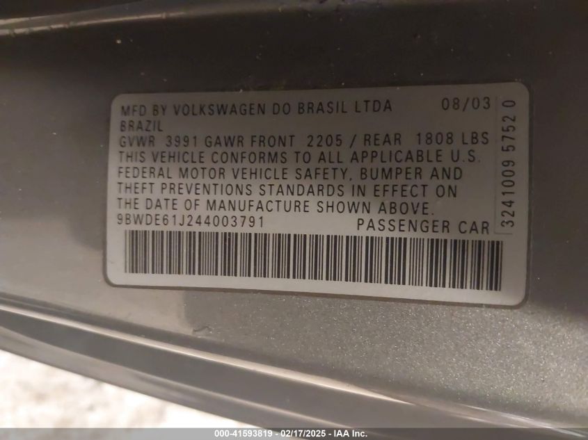 2004 Volkswagen Gti 1.8T VIN: 9BWDE61J244003791 Lot: 41593819