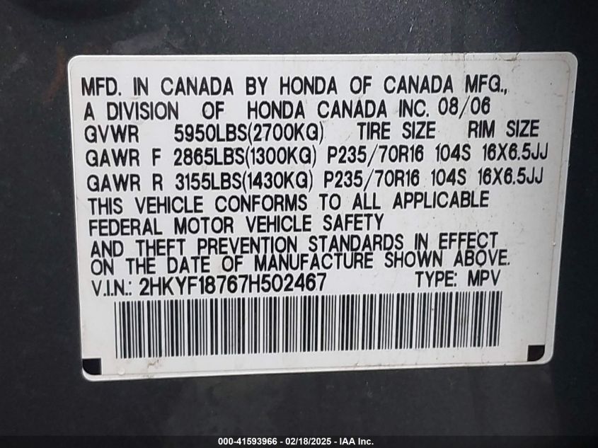 2007 Honda Pilot Ex-L VIN: 2HKYF18767H502467 Lot: 41593966