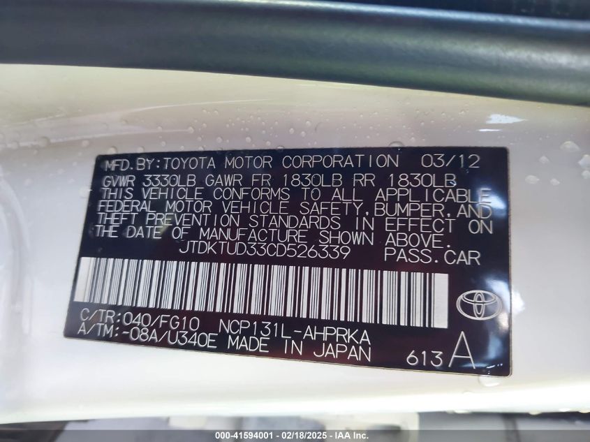 2012 Toyota Yaris Le VIN: JTDKTUD33CD526339 Lot: 41594001