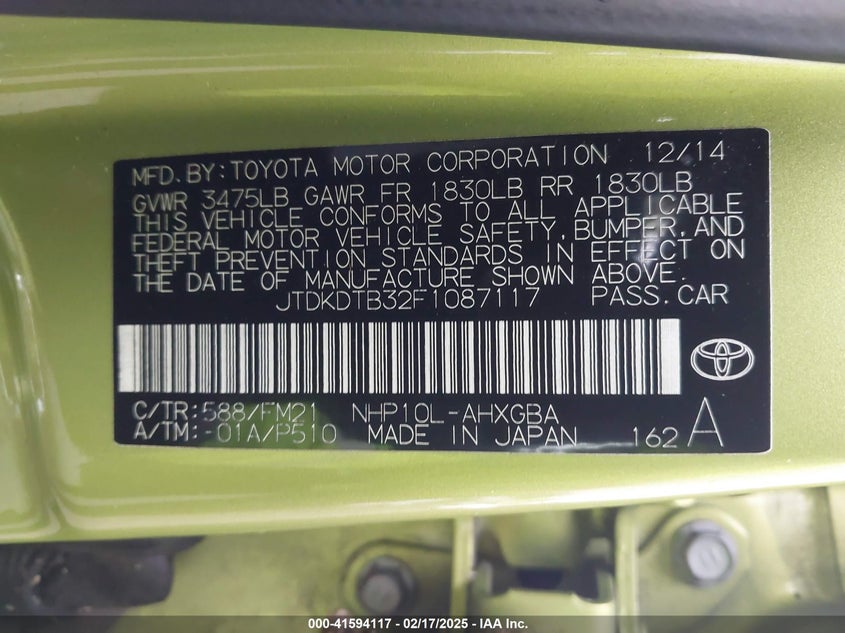 2015 TOYOTA PRIUS C VIN: JTDKDTB32F1087117