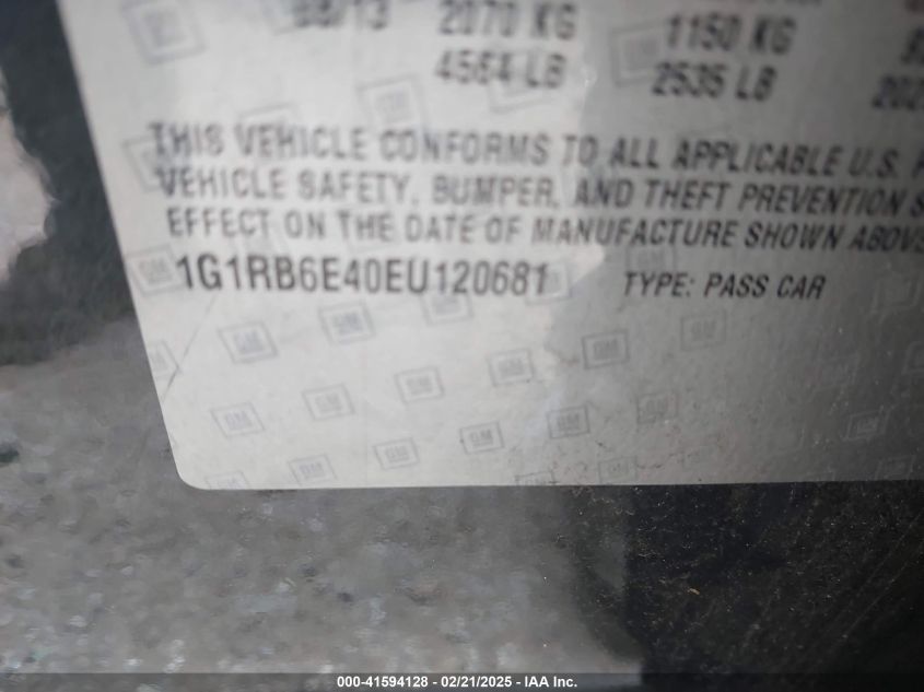 2014 Chevrolet Volt VIN: 1G1RB6E40EU120681 Lot: 41594128