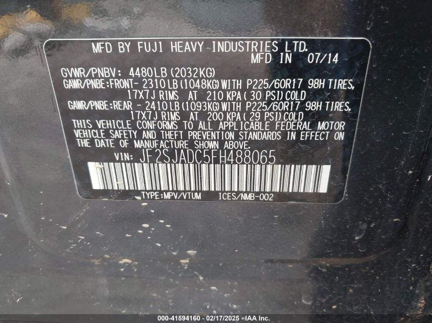 2015 Subaru Forester 2.5I Premium VIN: JF2SJADC5FH488065 Lot: 41594160