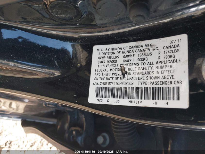 2012 Honda Civic Lx VIN: 2HGFB2F51CH308508 Lot: 41594189