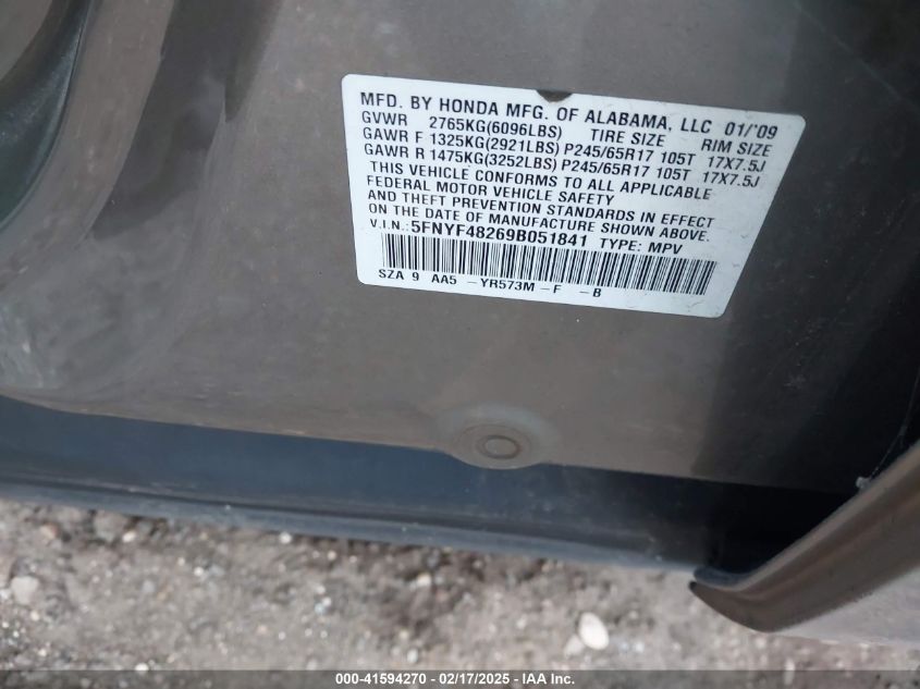 2009 Honda Pilot Lx VIN: 5FNYF48269B051841 Lot: 41594270