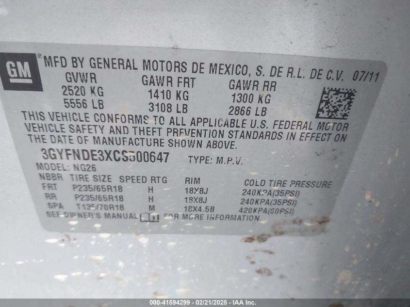 2012 Cadillac Srx Luxury Collection VIN: 3GYFNDE3XCS500647 Lot: 41594299