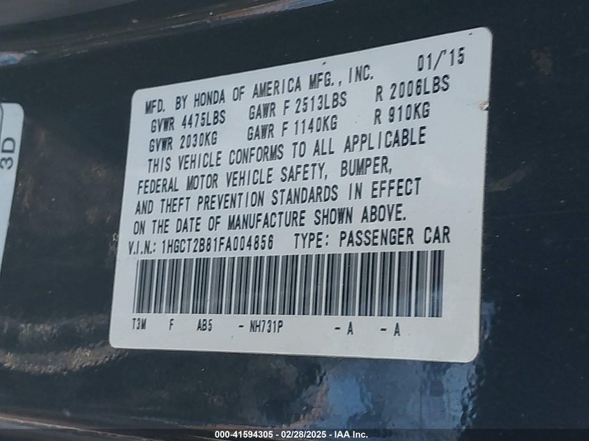 2015 HONDA ACCORD VIN: 1HGCT2B81FA004856