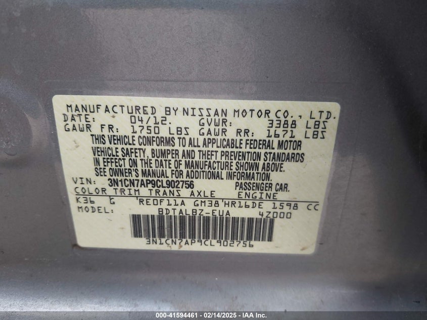 2012 NISSAN VERSA VIN: 3N1CN7AP9CL902756