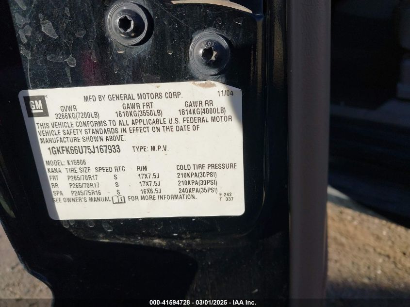 2005 GMC Yukon Xl 1500 Denali VIN: 1GKFK66U75J167933 Lot: 41594728