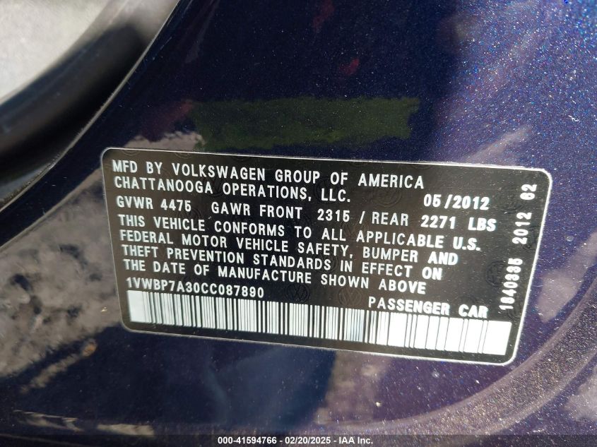 2012 Volkswagen Passat 2.5L Se VIN: 1VWBP7A30CC087890 Lot: 41594766