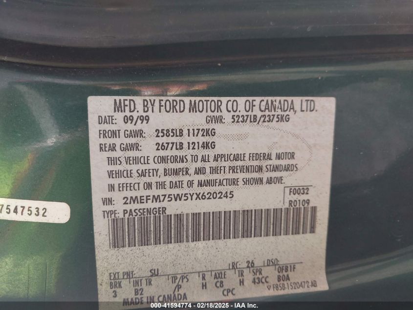 2000 Mercury Grand Marquis Ls VIN: 2MEFM75W5YX620245 Lot: 41594774