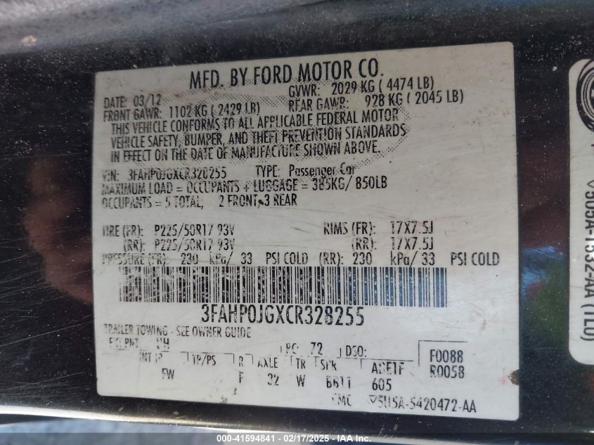 2012 Ford Fusion Sel VIN: 3FAHP0JGXCR328255 Lot: 41594841