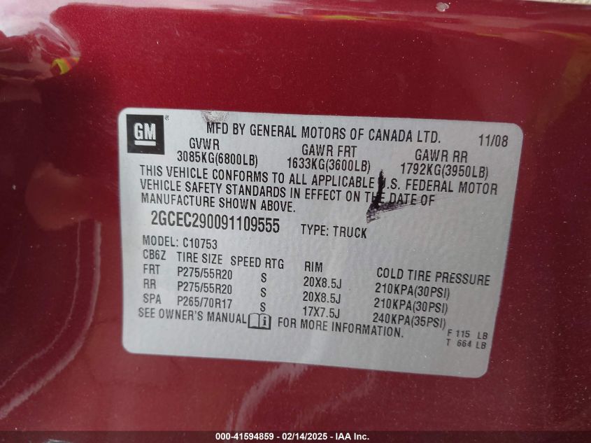 2009 Chevrolet Silverado 1500 Lt VIN: 2GCEC290091109555 Lot: 41594859