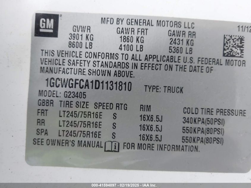 2013 Chevrolet Express 2500 Work Van VIN: 1GCWGFCA1D1131810 Lot: 41594897