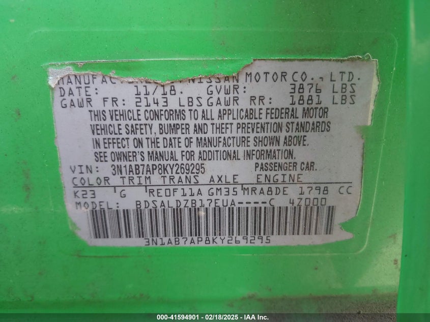 VIN 3N1AB7AP8KY269295 2019 NISSAN SENTRA SV