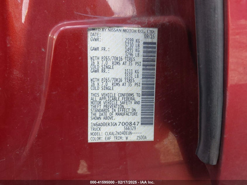 2016 NISSAN FRONTIER VIN: 1N6AD0ER3GN700847