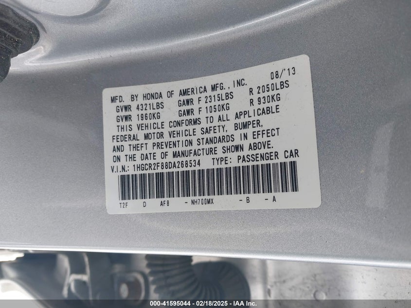 2013 HONDA ACCORD VIN: 1HGCR2F88DA268534