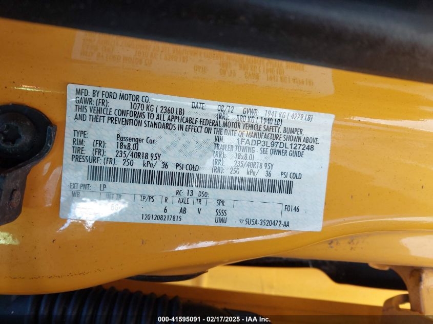 2013 Ford Focus St VIN: 1FADP3L97DL127248 Lot: 41595091