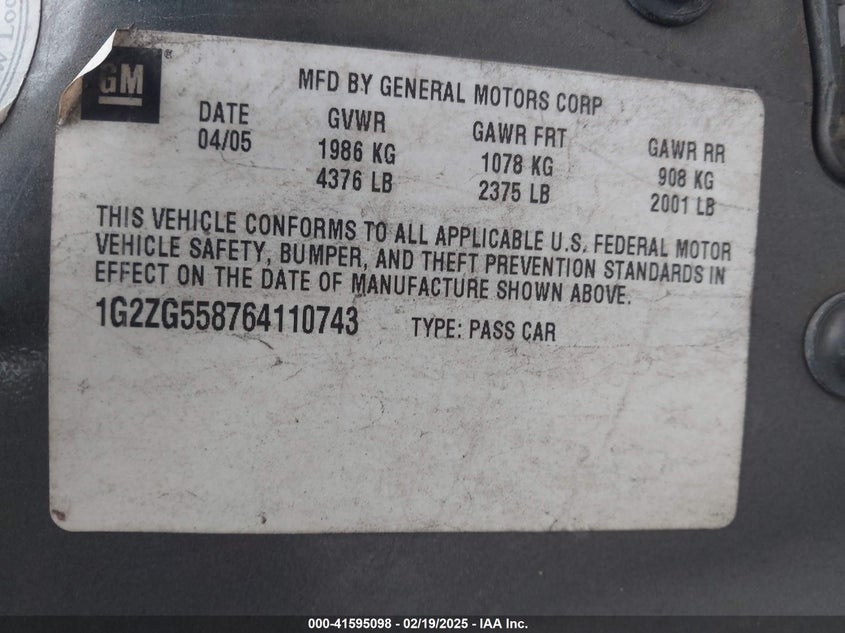 2006 PONTIAC G6 VIN: 1G2ZG558764110743