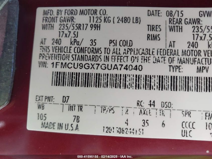 2016 Ford Escape Se VIN: 1FMCU9GX7GUA74040 Lot: 41595155