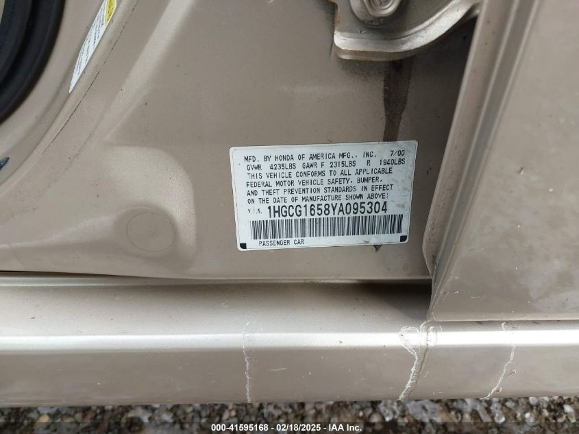 2000 Honda Accord 3.0 Ex VIN: 1HGCG1658YA095304 Lot: 41595168